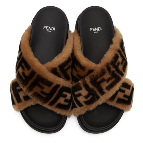 fendi slides brown|Fendi shearling slides.